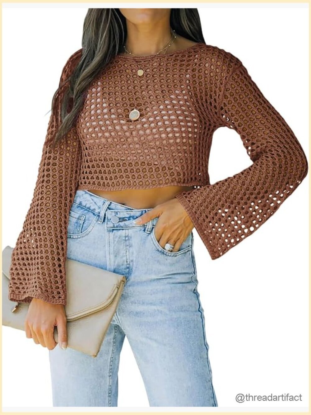 Long Sleeve Fishnet Crop Top Mesh See Through Bikini Cover Up Sexy Hollow Out